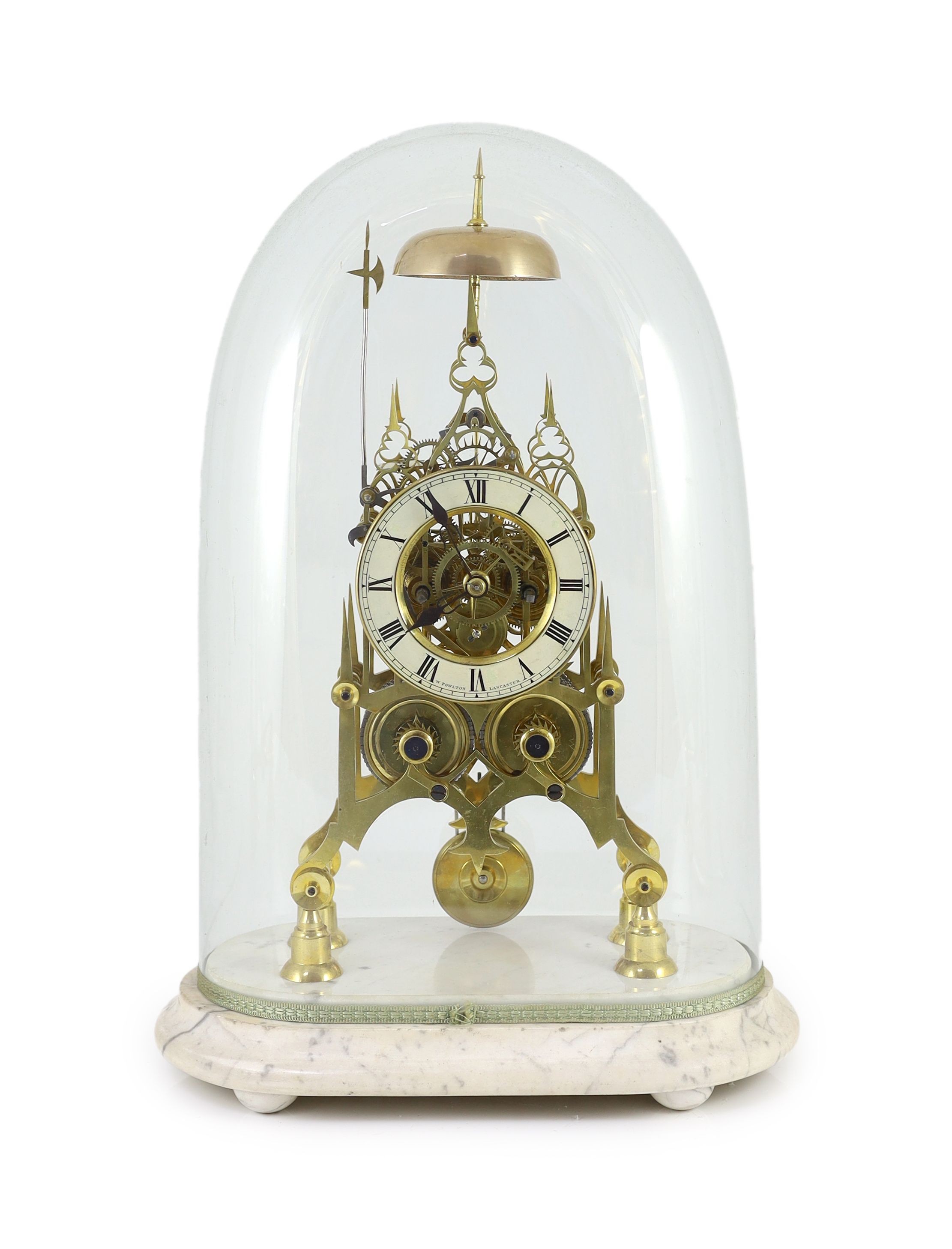 W. Poulton of Lancaster. A mid 19th century brass 'Cathedral' skeleton clock, width 35cm depth 18cm height overall 53cm